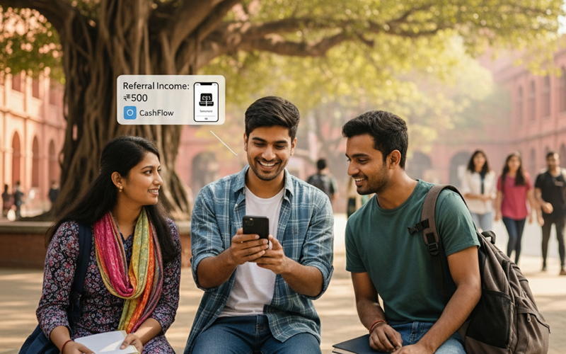 Friends sharing app benefits with referral rewards program showing cashback offers